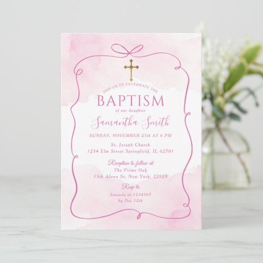 Meisje Roze Boog Gouden Kruis Doop Doop Kaart (Staand voorkant)