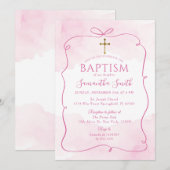 Meisje Roze Boog Gouden Kruis Doop Doop Kaart (Voorkant / Achterkant)