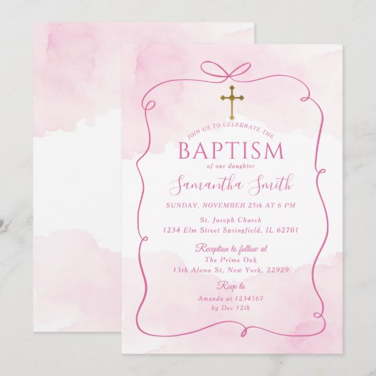 Meisje Roze Boog Gouden Kruis Doop Doop Kaart (Voorkant / Achterkant)