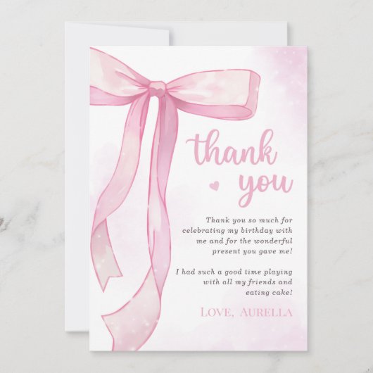 Meisje Roze Boog Verjaardagsfeest Bedankkaart (Voorkant)