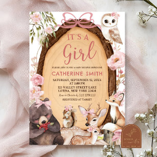 Meisje Roze Bos Bosdier Baby Shower Uitnodiging