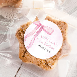 Meisje Roze Bow 1e Verjaardagsfeest Ronde Sticker