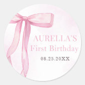 Meisje Roze Bow 1e Verjaardagsfeest Ronde Sticker (Voorkant)