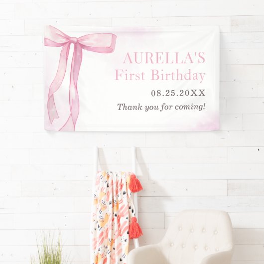Meisje Roze Bow 1e Verjaardagsfeest Spandoek (Insitu)