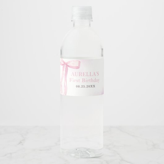 Meisje Roze Bow 1e Verjaardagsfeest Waterfles Etiket (Voorkant)