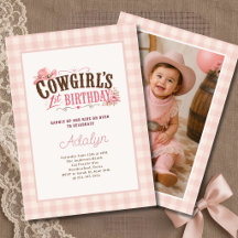 Meisje Roze Cowgirl Gingham Foto 1e Verjaardag