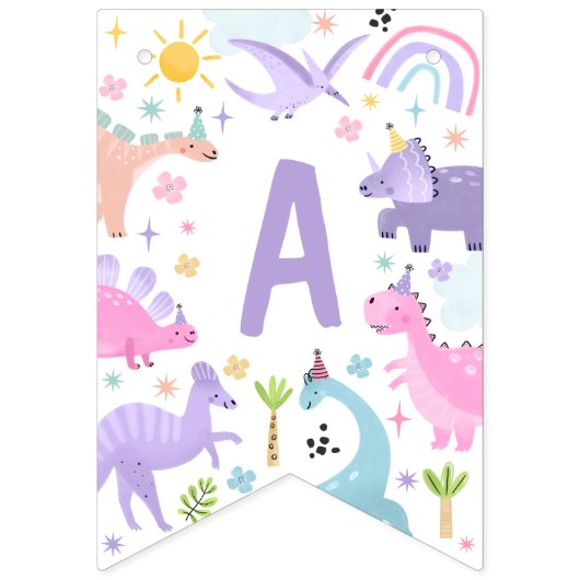 Meisje Roze Dinosaurus Verjaardagsfeest Vlaggetjes (Tweede vlag)