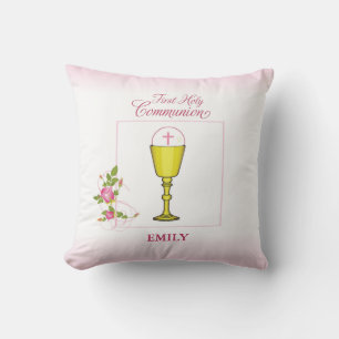 Meisje Roze Eerste Heilige Communie, Kelk, Hostie, Kussen