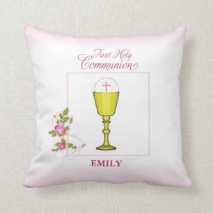 Meisje Roze Eerste Heilige Communie, Kelk, Hostie, Kussen