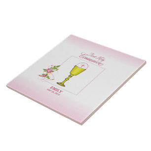 Meisje Roze Eerste Heilige Communie, Kelk, Hostie, Tegeltje
