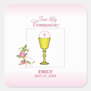 Meisje Roze Eerste Heilige Communie, Kelk, Hostie, Vierkante Sticker