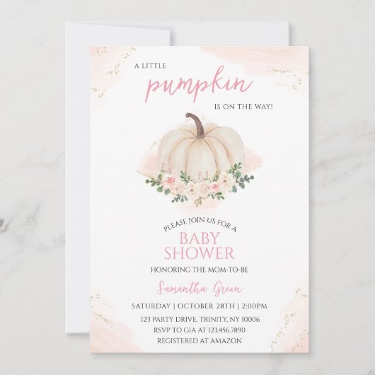 Meisje Roze en Gouden Pompoen Baby shower Kaart (Voorkant)