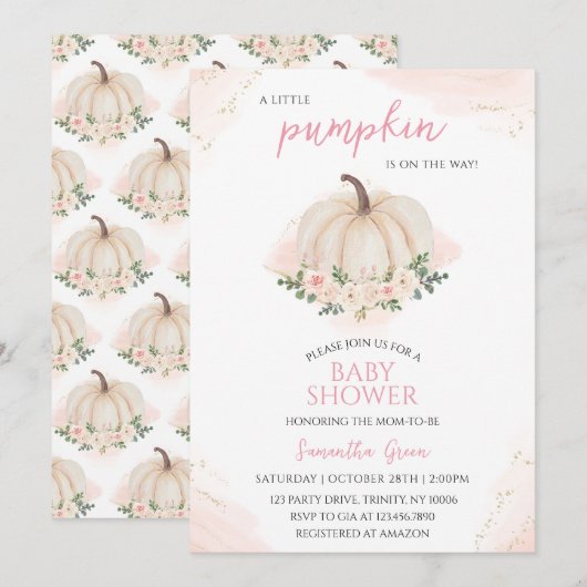 Meisje Roze en Gouden Pompoen Baby shower Kaart (Voorkant / Achterkant)
