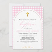 Meisje roze gingham moderne minimalistische doop kaart (Voorkant)