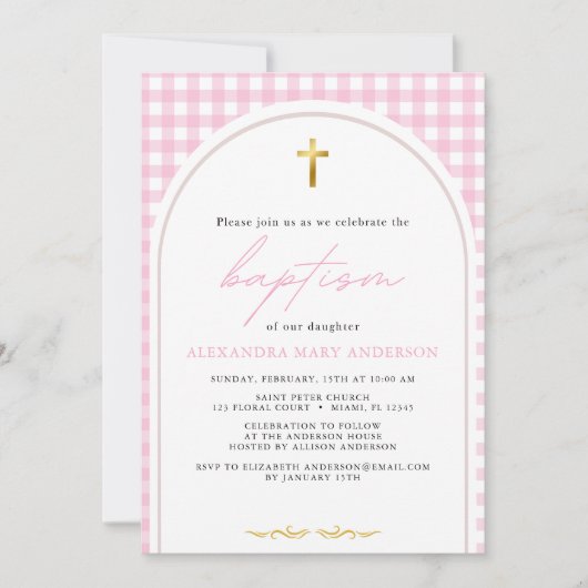 Meisje roze gingham moderne minimalistische doop kaart (Voorkant)