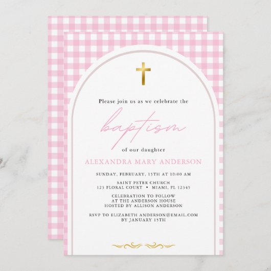 Meisje roze gingham moderne minimalistische doop kaart (Voorkant / Achterkant)