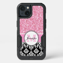 Meisje, Roze, Glitter Black Damask gepersonaliseer