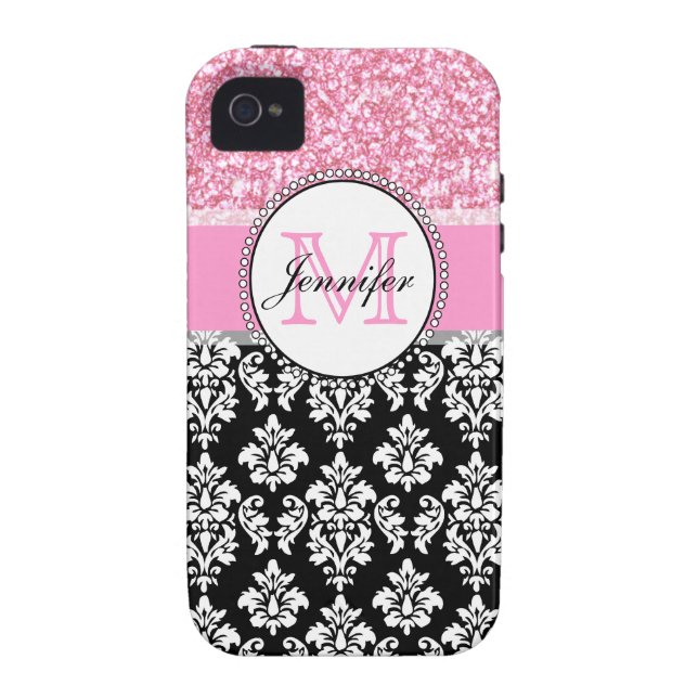 Meisje, Roze, Glitter Black Damask gepersonaliseer Case-Mate iPhone Case (Achterkant)