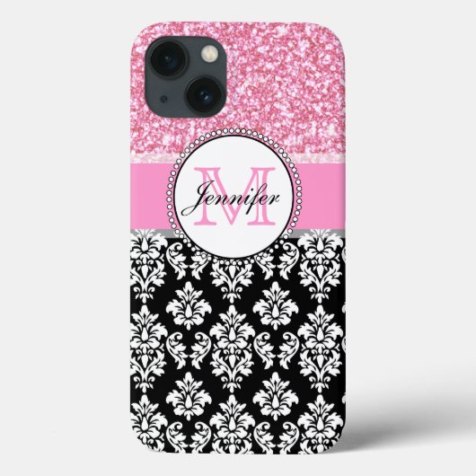 Meisje, Roze, Glitter Black Damask gepersonaliseer Case-Mate iPhone Case (Achterkant)