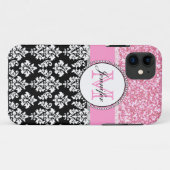 Meisje, Roze, Glitter Black Damask gepersonaliseer Case-Mate iPhone Case (Achterkant (horizontaal))