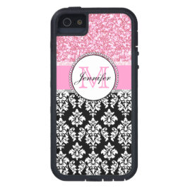 Meisje, Roze, Glitter Black Damask gepersonaliseer Case-Mate iPhone Case