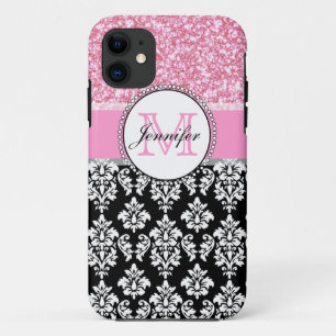 Meisje, Roze, Glitter Black Damask gepersonaliseer Case-Mate iPhone Case