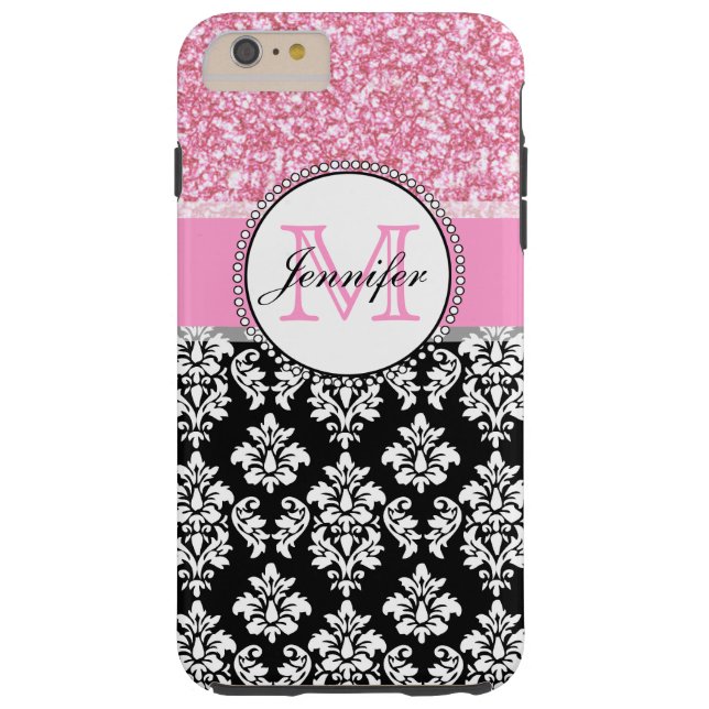 Meisje, Roze, Glitter Black Damask gepersonaliseer Case-Mate iPhone Case (Achterkant)