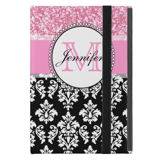 Meisje, Roze, Glitter Black Damask gepersonaliseer iPad Mini Hoesje (Voorkant Dicht)