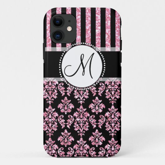 Meisje, roze glitter, zwart Damask je Monogram Case-Mate iPhone Case (Achterkant)