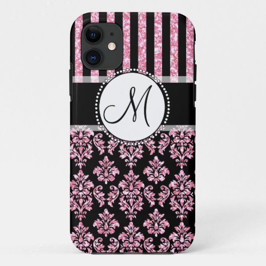Meisje, roze glitter, zwart Damask je Monogram Case-Mate iPhone Case (Achterkant)
