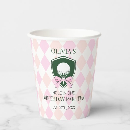 Meisje roze golfgat in een Schattige 1e verjaardag Papieren Bekers (Voorkant)