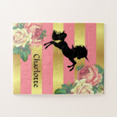 Meisje Roze & Goud Bloemen Eenhoorn met Naam Legpuzzel (Horizontaal)