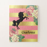 Meisje Roze & Goud Bloemen Eenhoorn met Naam Legpuzzel<br><div class="desc">Deze leuke puzzel heeft een schattig meisjesontwerp met een eenhoorn silhouet op een achtergrond van roze en gouden strepen met  rozen in de hoeken. Er is ruimte om het te personaliseren door haar naam toe te voegen. Perfecte binnenactiviteit!</div>