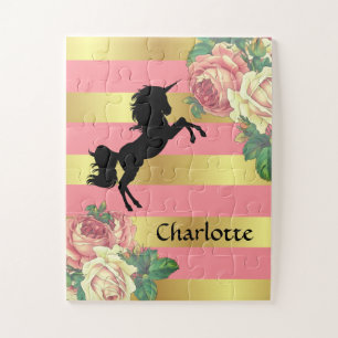 Meisje Roze & Goud Bloemen Eenhoorn met Naam Legpuzzel