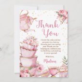 Meisje Roze & Goud Bloemen Tea Party Verjaardag Bedankkaart (Voorkant)