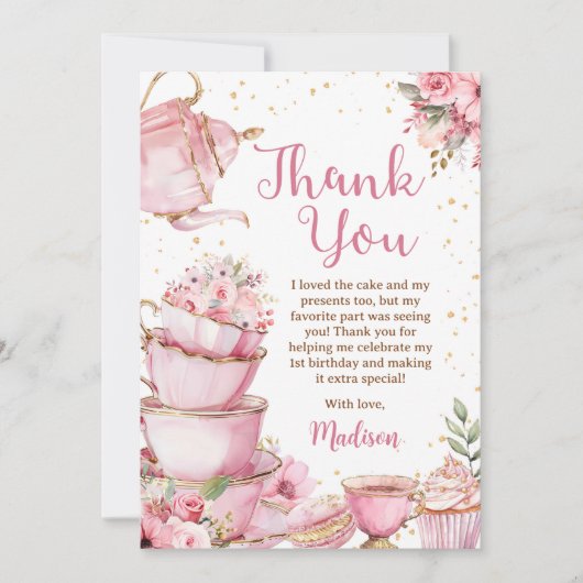 Meisje Roze & Goud Bloemen Tea Party Verjaardag Bedankkaart (Voorkant)