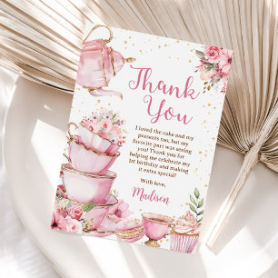 Meisje Roze & Goud Bloemen Tea Party Verjaardag Bedankkaart