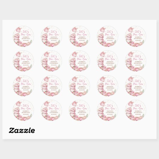 Meisje Roze & Goud Bloemen Tea Party Verjaardag Ronde Sticker (Vel)