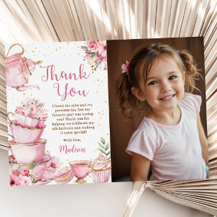 Meisje Roze & Goud Bloemen Tea Party Verjaardagsfo Bedankkaart
