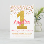 Meisje Roze Goud Glitter Confetti Eerste Verjaarda Kaart (Staand voorkant)