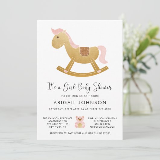 Meisje Roze Goud Retro Rocking Horse Baby shower Kaart (Staand voorkant)