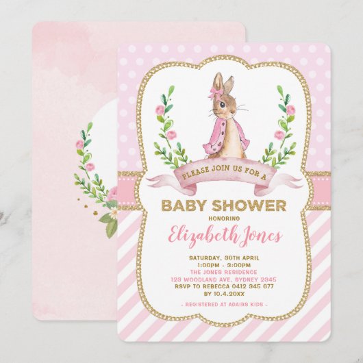 Meisje Roze Gouden Bloemen Bunny Konijn Baby showe Kaart (Voorkant / Achterkant)