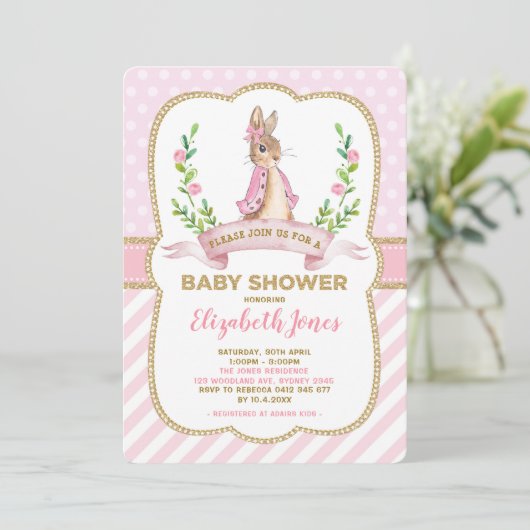 Meisje Roze Gouden Bloemen Bunny Konijn Baby showe Kaart (Staand voorkant)