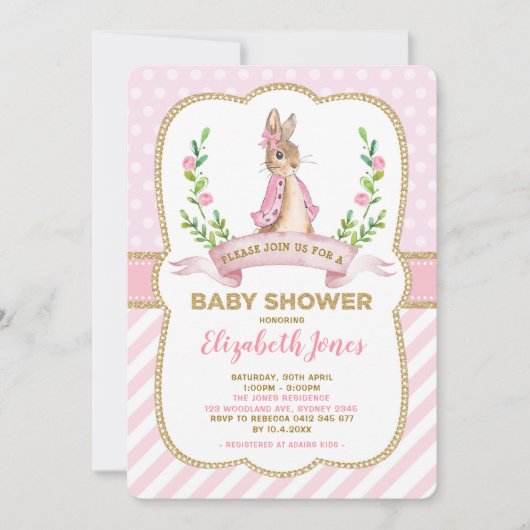 Meisje Roze Gouden Bloemen Bunny Konijn Baby showe Kaart (Voorkant)