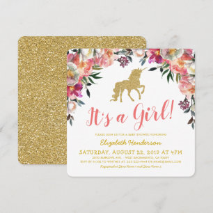 Meisje Roze Gouden Glitter Eenhoorn Babyfeestje Kaart