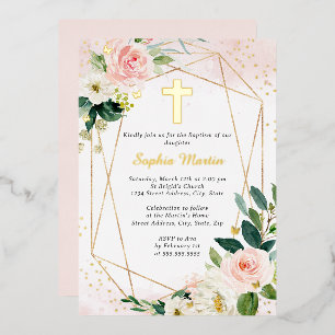 Meisje Roze Gouden Kruis Bloemen Doop Folie Uitnodiging