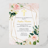 Meisje Roze Gouden Kruis Bloemen Doop Folie Uitnodiging (Voorkant)