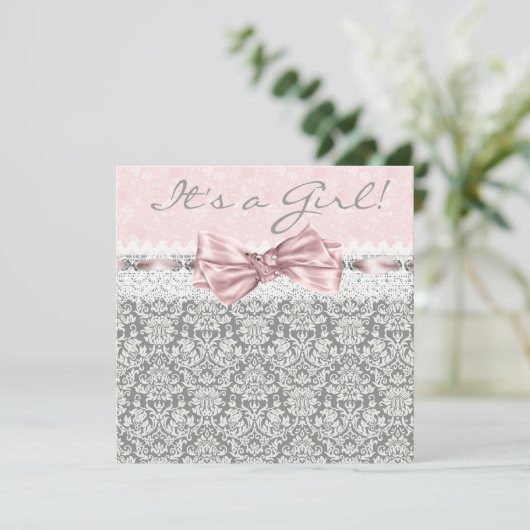 Meisje Roze Grijs Baby shower Kaart (Staand voorkant)