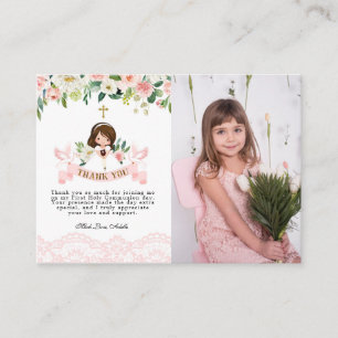 Meisje Roze Heilige Communie bedankkaart met foto Informatiekaartje