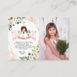 Meisje Roze Heilige Communie bedankkaart met foto Informatiekaartje